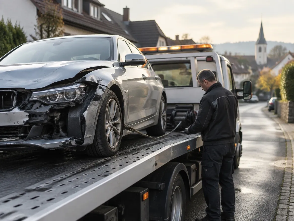 Abholung eines Unfallfahrzeugs mit dem Abschleppwagen