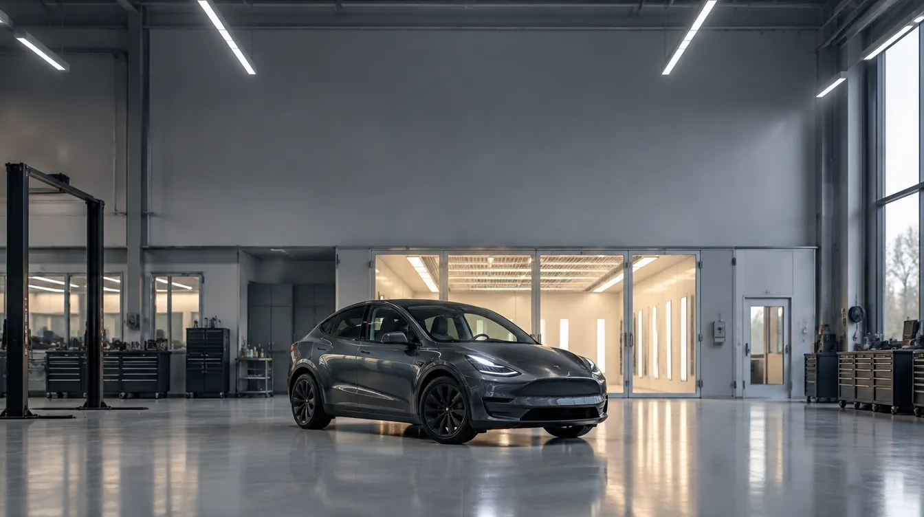 Frisch reparierter Tesla in der Werkstatt von Auto Böttinger