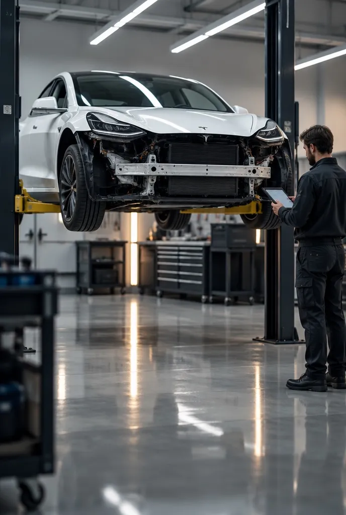 Tesla Model 3 auf der Hebebühne in der Karosseriewerkstatt